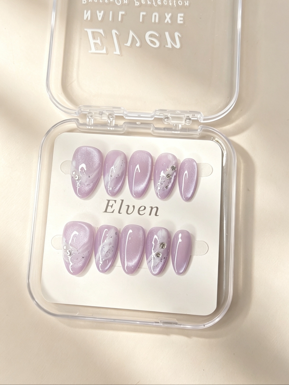 Purple and White Shading With Glitter Handmade Press On Nails Shirt Almond